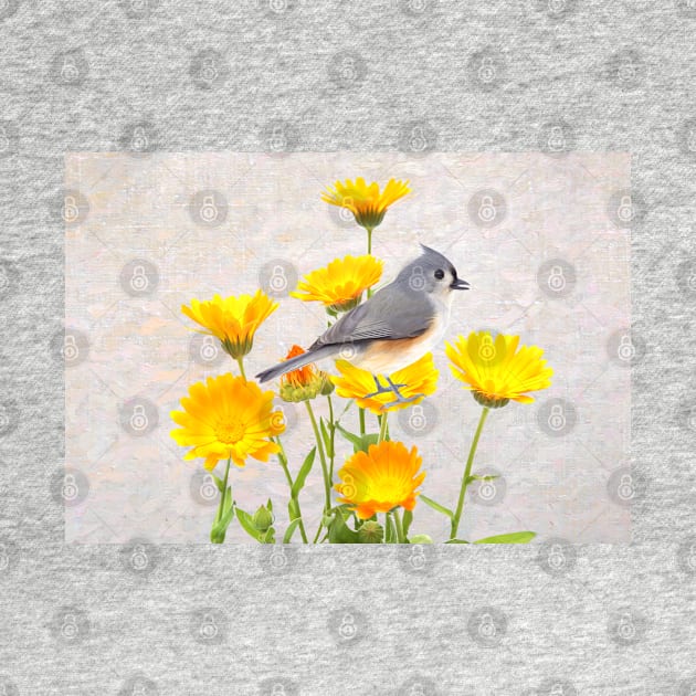 Tufted Titmouse Perched in a Marigold Flower Patch by lauradyoung